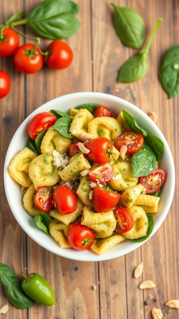 A colorful pesto tortellini pasta salad with cherry tomatoes, bell peppers, and spinach, garnished with Parmesan and pine nuts.